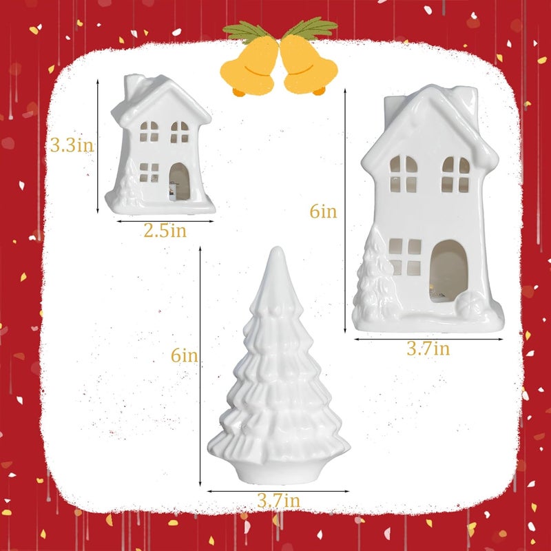 NEROSUN Ceramic Christmas Village Houses, 3Pcs LED Lighted Porcelain White Small House and Xmas Tree Tabletop Figurines, Light Up Christmas Decorations for Home Shelf Cabinet Table Winter Decor - Image 4